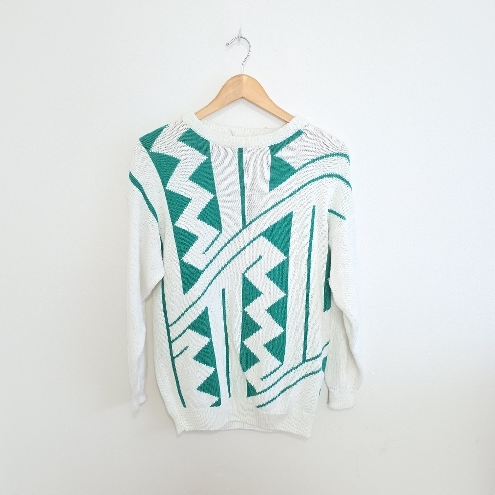 Vintage André Christian White and Green Abstract Print Cotton Crew Neck Sweater